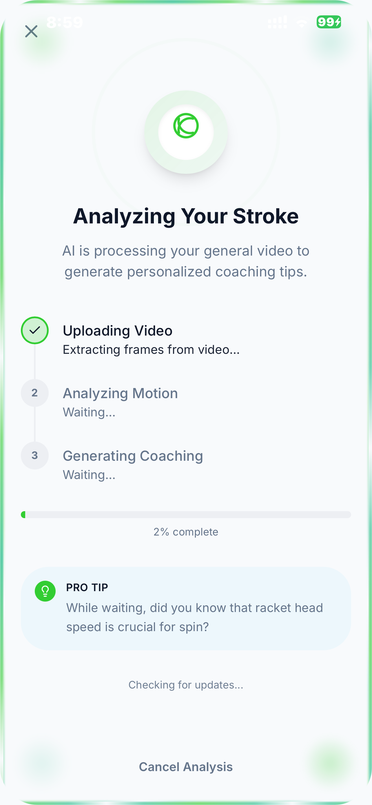 RallyIQ analyzing screen showing AI processing progress
