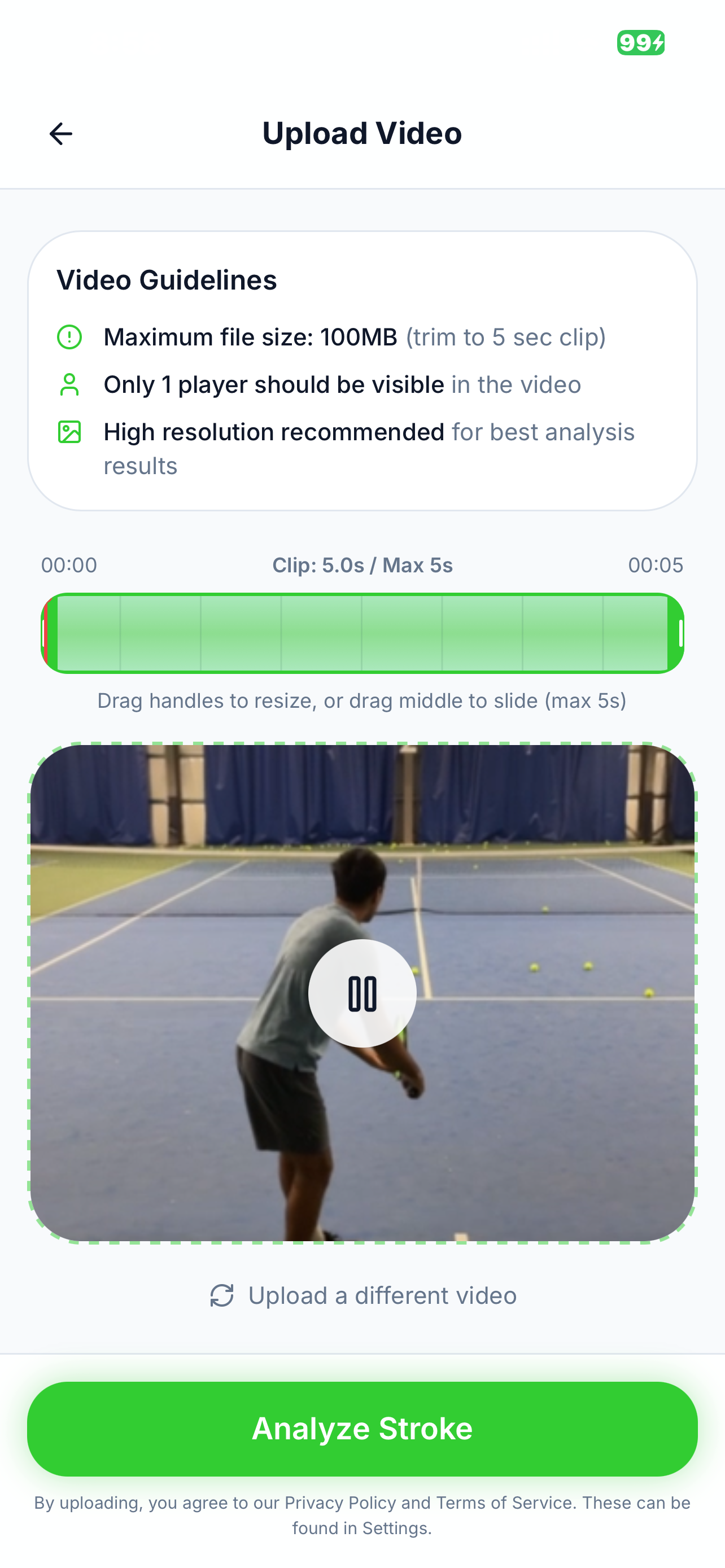 RallyIQ upload screen showing video trimming interface